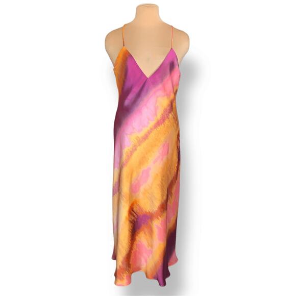 ZARA Pink Orange Criss Cross Open Back Slip Dress Fuchsia Orange Abstract Maxi - Picture 2 of 13